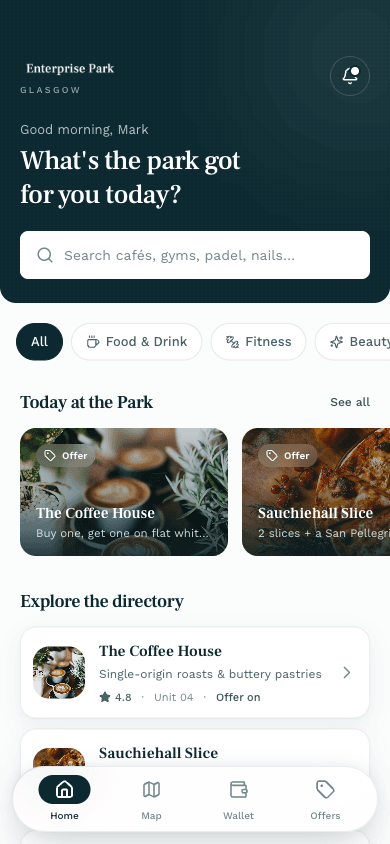 The Enterprise Park app home screen