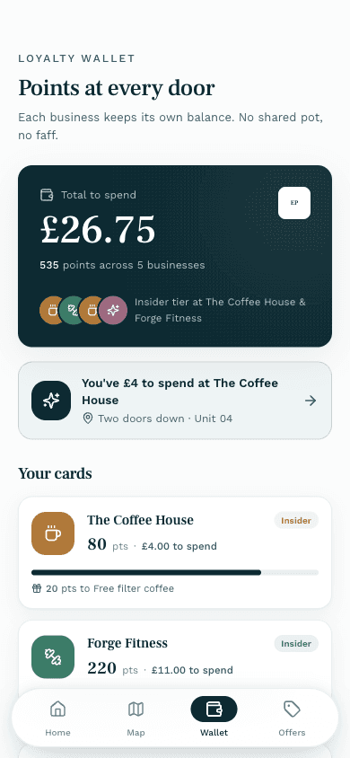 The app's loyalty wallet with per-business cards